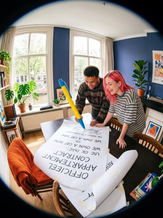 Stel bekijkt contractdocumenten samen aan tafel
