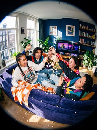 Familie kijkt samen tv in de woonkamer