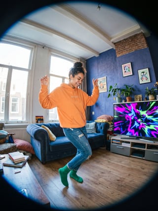 Tiener gamet op grote tv met controller