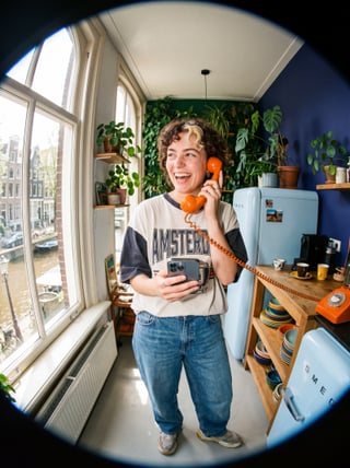 Jongvolwassene belt ontspannen aan de telefoon bij het raam